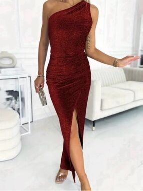 One-Shoulder Red Sparkle Evening Dress with Front Slit
